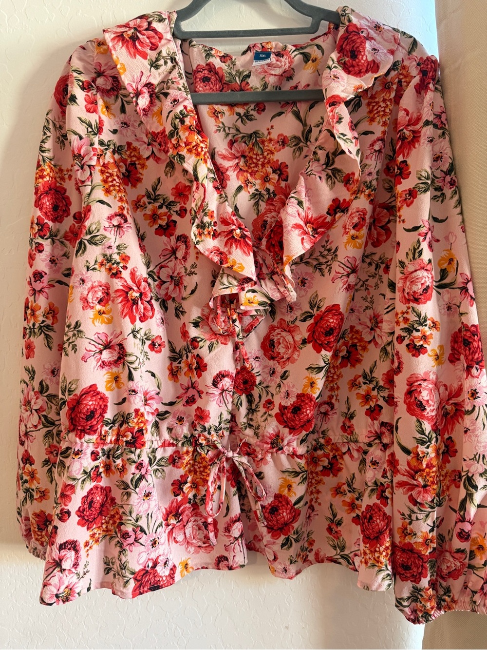 Old Navy Pink Floral Ruffle Drawstring Blouse